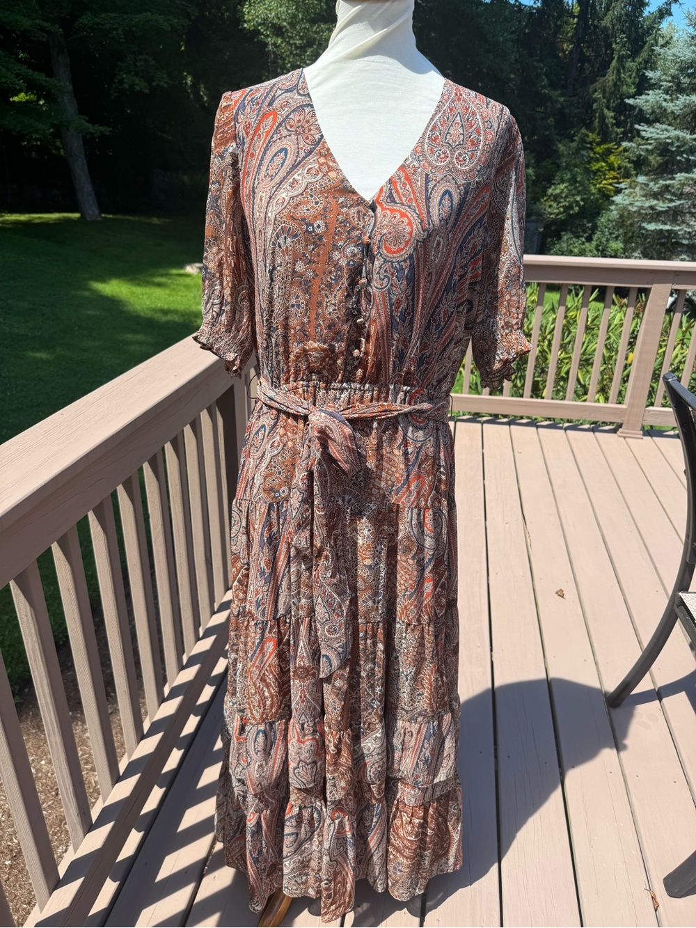 New Ralph Lauren Paisley Georgette puffed sleeve crinkle maxi dress belted